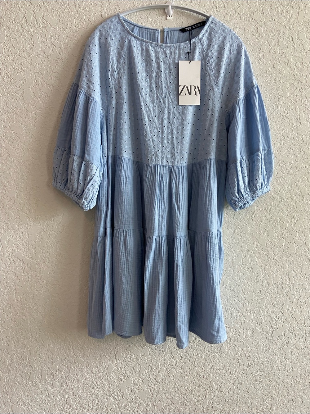 Zara Pale Blue Tiered Eyelet Midi Dress